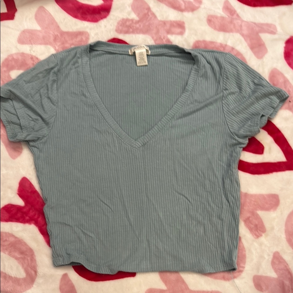 V-Neck Ribbed Cropped Women Top - Blue